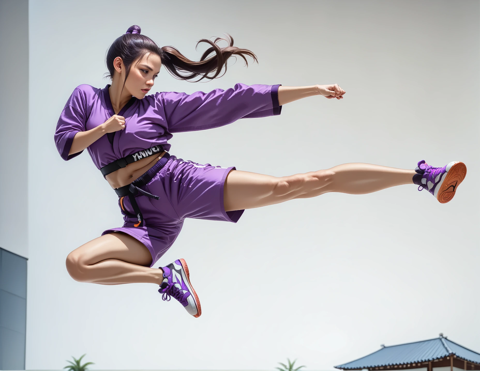 score_9, score_8_up, score_7_up, jusiki, side view, (slim 25yo female), doing a high jump sidekick, in dojo. sneakers, purple shorts and  purple shirt,long brunette ponytail <lora:JumpedSideKickPony-000007:1>