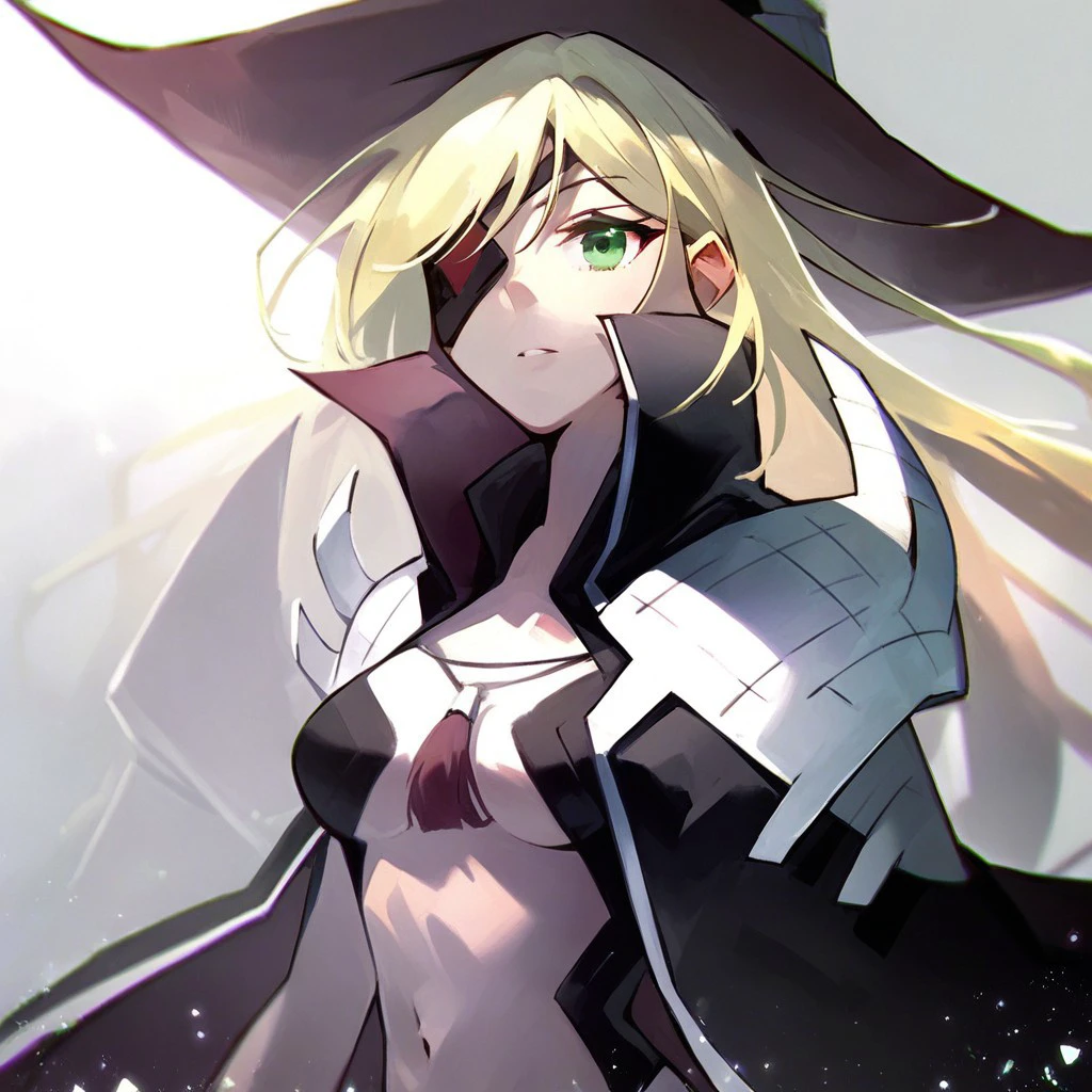 score_9, score_8_up, score_7_up,
othinus, 1girl, solo, long hair, blonde hair, eyepatch, green eyes, medium breasts, navel,
hat, witch hat, cape, black cape,