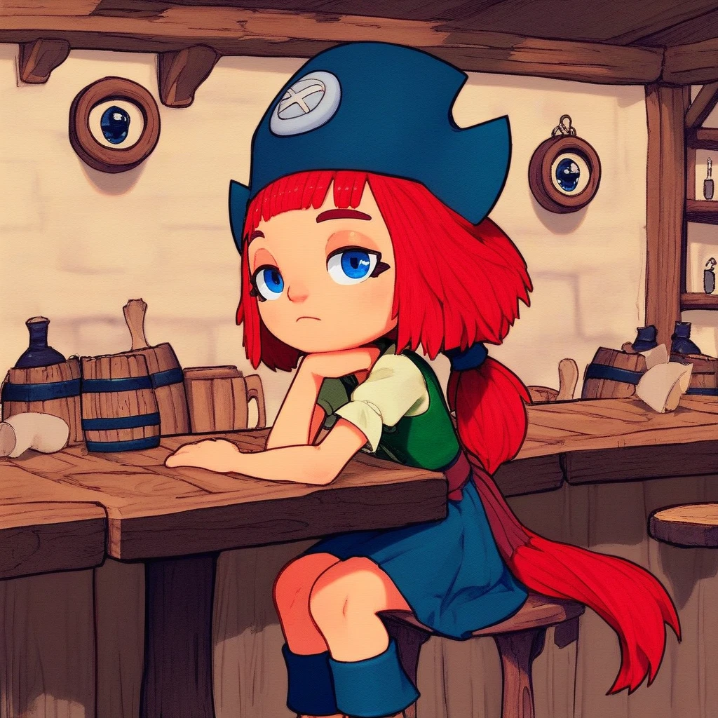 score_9, solo, freeda, hat, red hair, ponytail, blue eyes, skirt, sitting, tavern