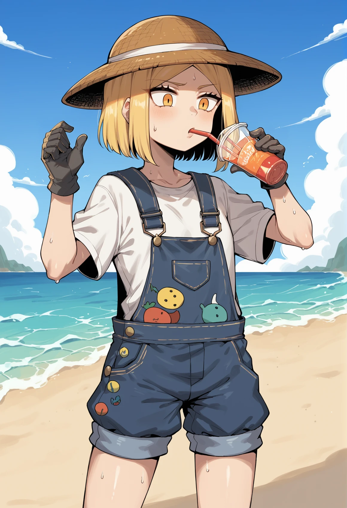 1girl, short hair, blonde hair, yellow eyes, sharp teeth, overalls, shorts, gloves, Straw hat, oudtoors. beach, drinking, sweat, drinking straw, t-shirt <lora:Bunnyan:1>, score_9, score_8_up, score_7_up, score_6_up, score_5_up, score_4_up, BREAK source_anime, masterpiece