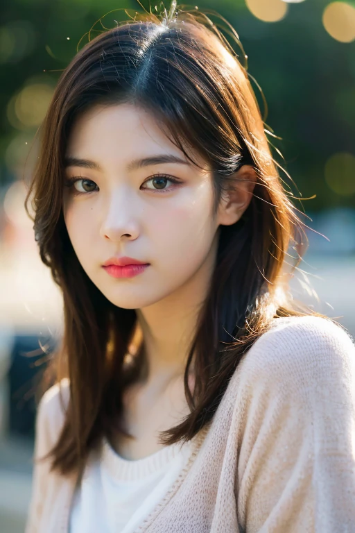 masterpiece, best quality, ultra-detailed, ultra high res, (photorealistic:1.4), raw photo, (realistic:0.2), 8k HDR, realistic lighting, 1girl, solo, asymmetrical hair, outdoors, bokeh, (detailed lips), (detailed pores), (detailed skin textures), (detailed face:1.2), (upper body:1.3), cardigans,