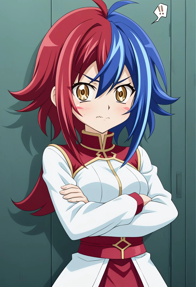 YGO, 1girl, yugioh, multicolor hair, jealous, puffed cheeks, crossed arms,