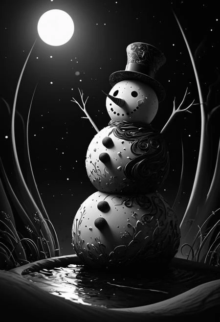 snowman made of darkness, sky garden with floating islands, whimsical elements, intricate details, ultra sharp, soft textures, exquisite detail, flawless composition, masterpiece, highest quality, extremely detailed CG unity 8k wallpaper  <lora:ArsMorph_-_World_of_Darkness_SDXL_Pony:0.9> ArsWorldOfDarkness, monochrome