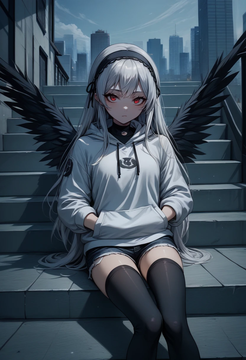 score_9, score_8_up, score_7_up, source_anime, solo, 1girl, suigint0u, doll joints, expressionless, looking at viewer, sitting on stairs, hands in pockets, long hair, white hair, black hairband, white hoodie, black shorts, denim shorts, black thighhighs, black wings, outdoors, cityscape <lora:rozenmaiden_suigintou_ponyXL:1>