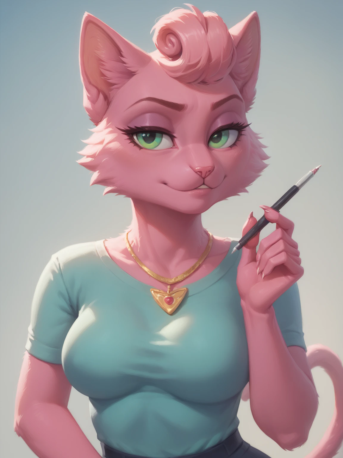 score_9, score_8_up, score_8, (princesscarolyn), persian cat, female, tail, pink fur, digital painting, solo, flat color, soft lighting, rugged appearance, scruffy, 5finger, office background, looking at viewer, seductive, breasts, detailed green eyes, necklace, clothes, <lora:princess_xl_v2:1>, <lora:Smooth Anime Style LoRA XL:1>, <lora:LoraPriCarBYXL_princesscarolyn:1>