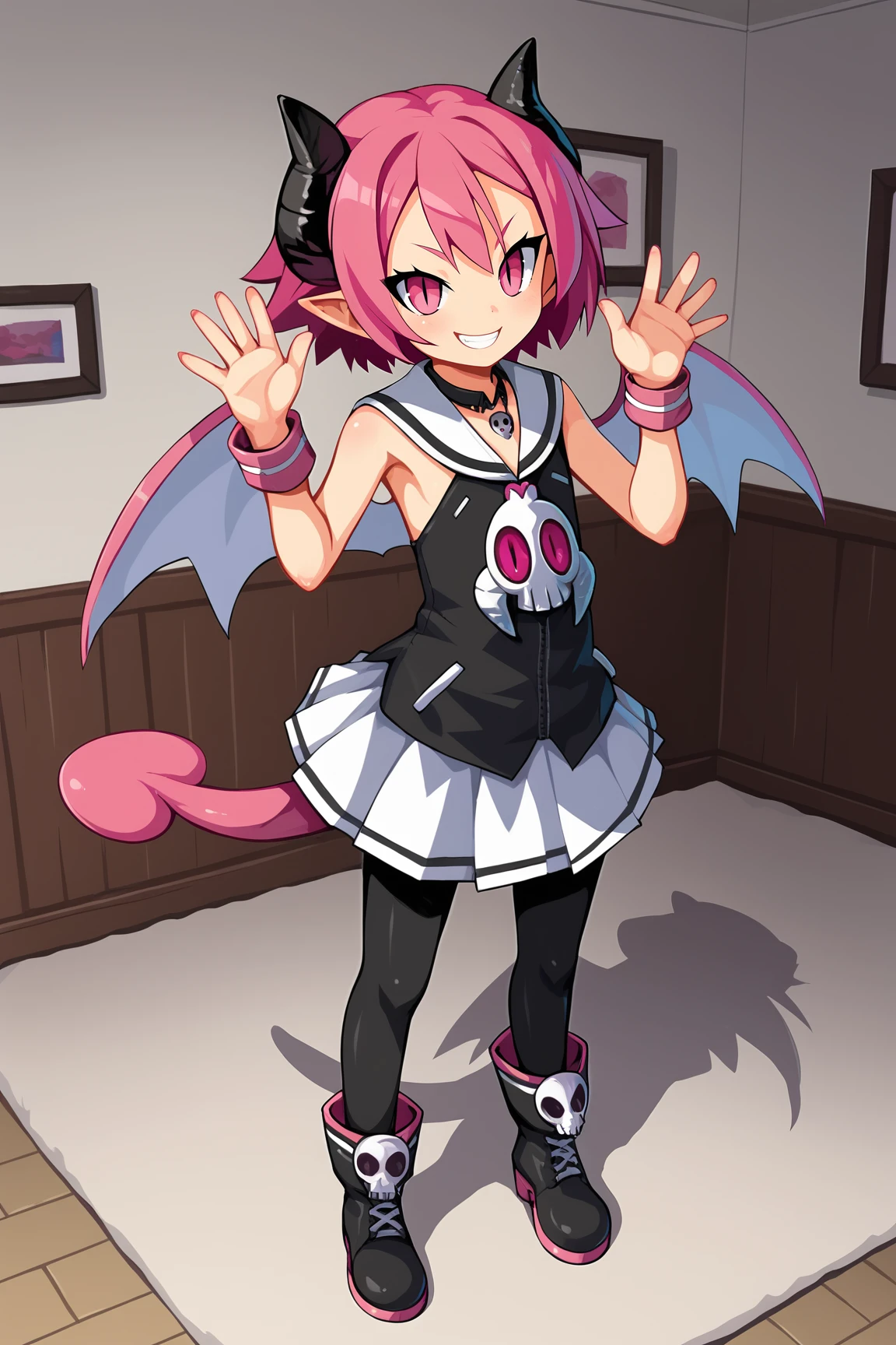 score_9, score_8_up, score_7_up, score_6_up, BREAK, RaspberylD3XL, slit pupils, pink eyes, pink hair, short hair, pointy ears, black horns, tail, flat chest, wings, necklace skull, bare shoulders, white sailor collar, black dress, pink wrist cuffs, white skirt, black pantyhose, black boots, solo, full body, standing, waving, seductive smile, looking at viewer, indoors <lora:RaspberylD3XL:0.8>