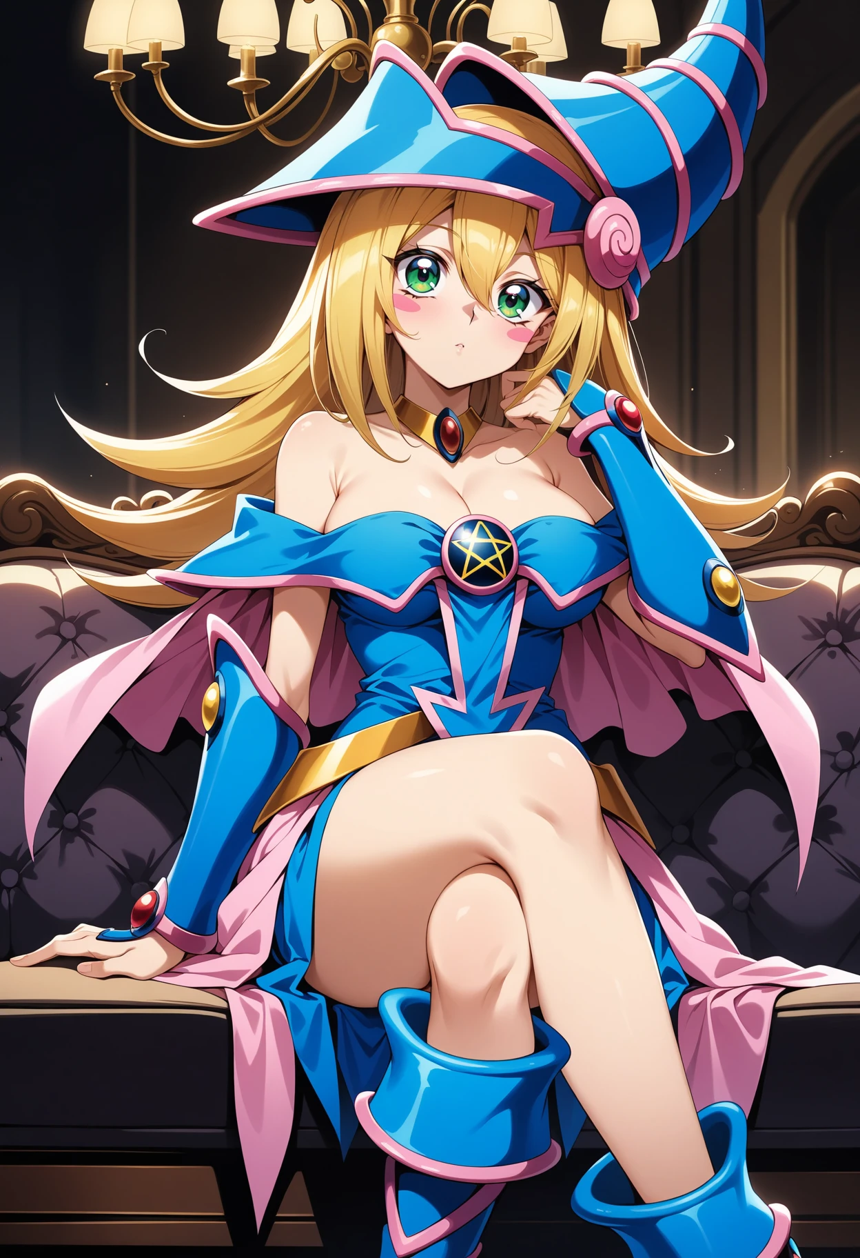 (masterpiece, best quality, very aesthetic, ultra detailed), intricate details, 4k, aadmg, long hair, blonde hair, hat, blue headwear, green eyes, blush stickers, breasts, choker, bare shoulders, cleavage, blue dress, pentacle, vambraces, pelvic curtain, pink skirt, <lora:dark_magician_girl_(animagine)_v1:0.9>, sitting, sofa, crossed legs, chandelier, indoors, boots, blue footwear,