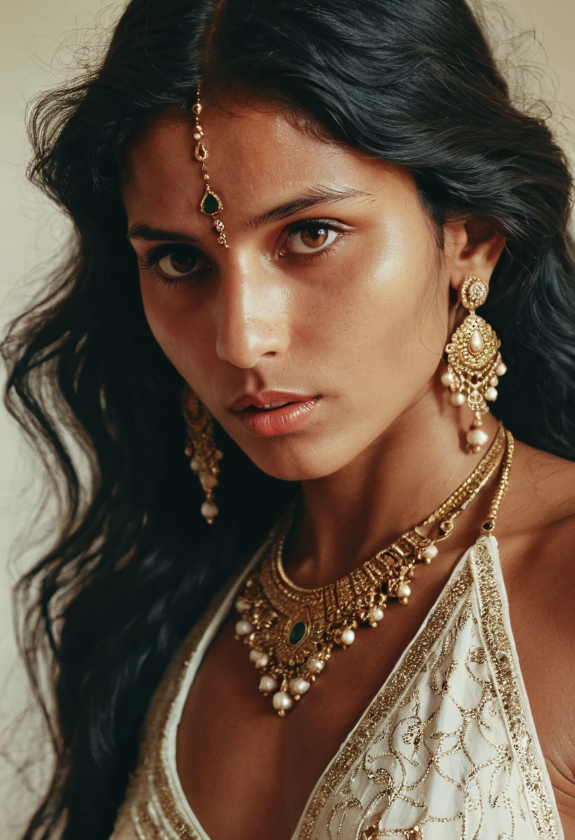 RAW textured photography by Guy Aroch and Steve McCurry, goddess, passionate god-like beautiful 30 years old Indian flexible-bodied woman, wearing traditional outfit, (natural human skin with visible pores and minor blemishes:0.6) 