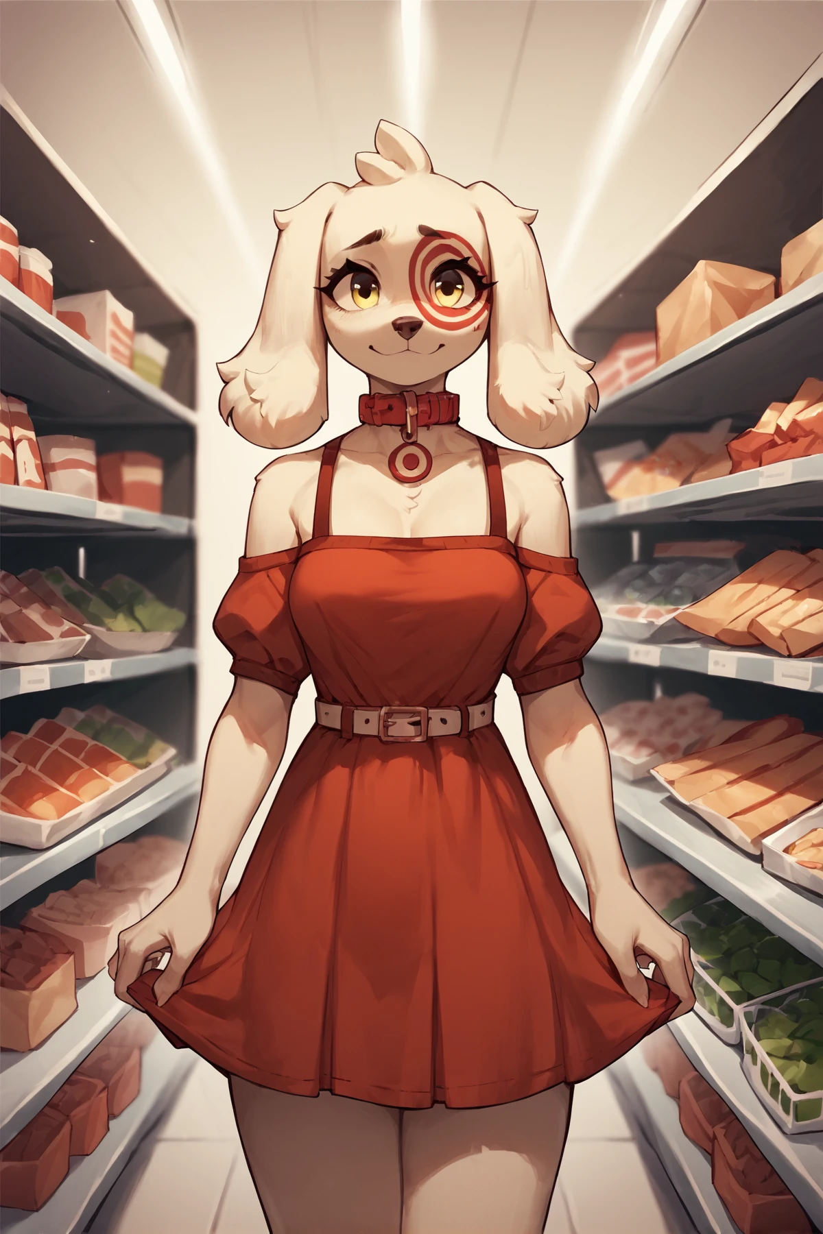 score_9_up, score_8_up, score_7_up, score_6_up, score_5_up,
viralmarketing1, yellow_eyes, mascot, canine, floppy ears, red dress, red collar, white_belt, <lora:Targetgirl_XL_test1:1> standing, supermarket, looking at viewer, breasts spilling out of dress,