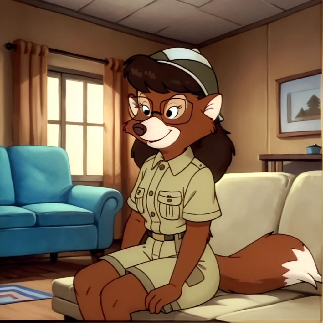 score_9, score_8_up, score_7_up, score_6_up, score_5_up, score_4_up, BREAK,  <lora:Myra_foxworthy:0.8>.   1girl, solo, furry, myra foxworthy, fox girl, brown hair, body fur, pith helmet, glasses, khaki shorts, short sleeves, fox tail, smile, indoors, living room, couch, sitting on couch, windows,