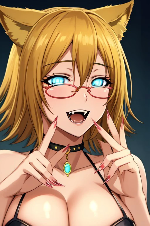 masterpiece, best quality, perfectly symmetrical face, detailed skin, semi-realistic, realistic,
shizuka nekonome, shizuka nekonome \(rosario vampire\) 1girl, solo, smile, open mouth, blue eyes, blonde hair, animal ears, glasses, cat ears, nail polish, fingernails, fangs, slit pupils, glowing eyes, long fingernails, sharp fingernails