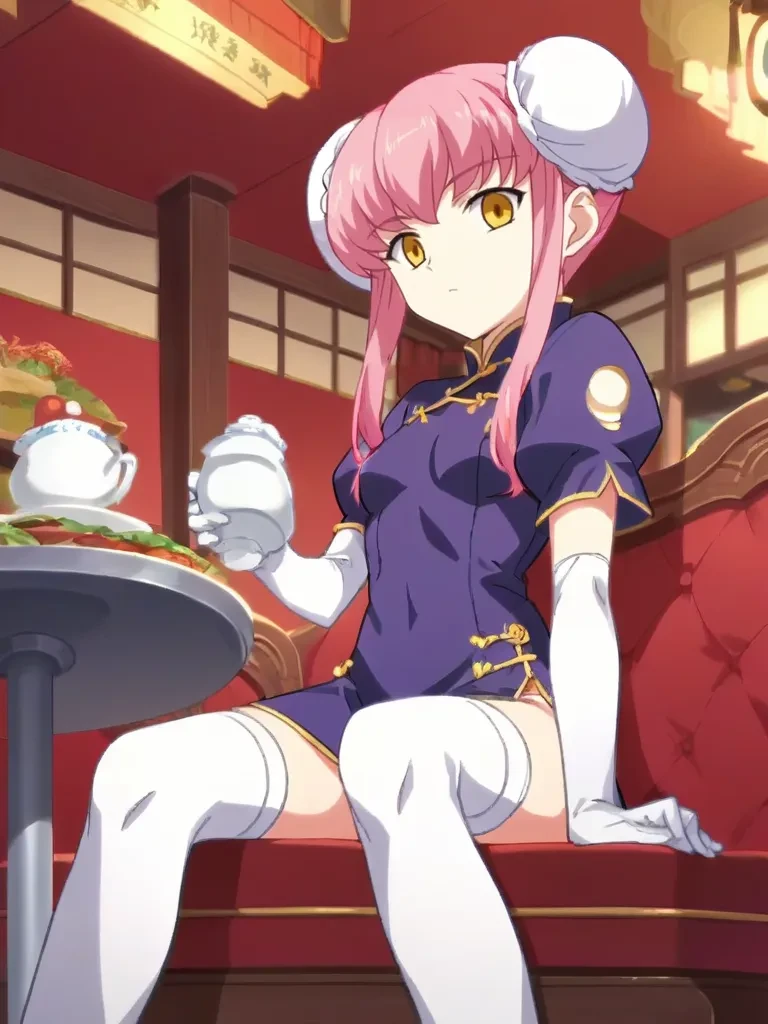 score_9, score_8_up, score_7_up, source_anime, 2d, anime_screencap <lora:rinreiranonlyyoupony:1>,
1girl, solo, rinreiran, pink hair, yellow eyes, double bun, purple dress, short sleeves, white elbow gloves, white thighhighs, chinese clothes, sitting, indoors, restaurant, red background, looking at viewer