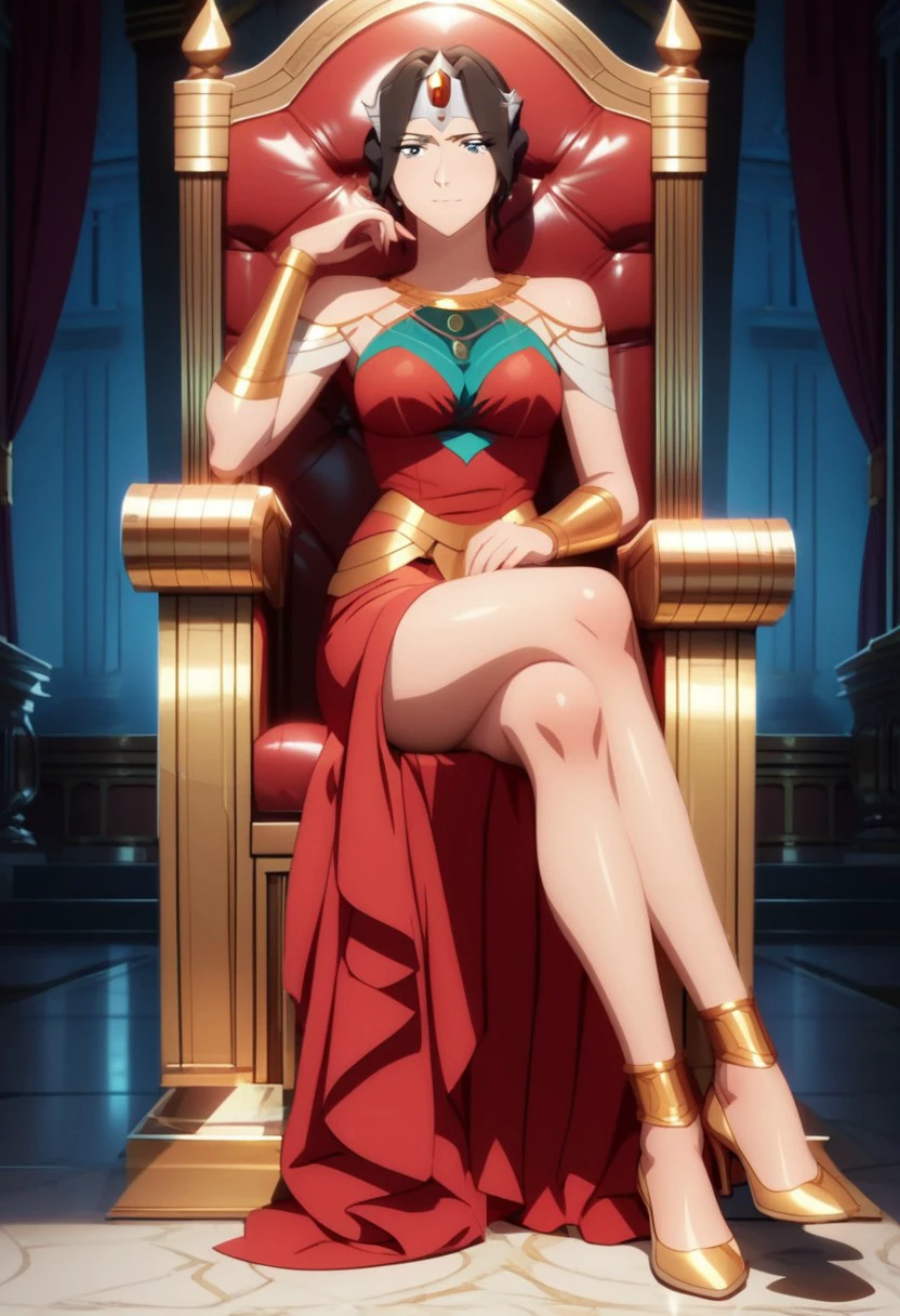 score_9, score_8_up, score_7_up, score_6_up, derpibooru_p_95, source_anime, very aesthetic, anime screencap, anime coloring, 
mirana anime, mirana empress, mirana empress \(dota 2\), 1girl, solo, breasts, looking at viewer, short hair, blue eyes, black hair, dress, bare shoulders, jewelry, sitting, full body, indoors, necklace, high heels, bracelet, red dress, crossed legs, tiara, crown, anklet, bracer, throne