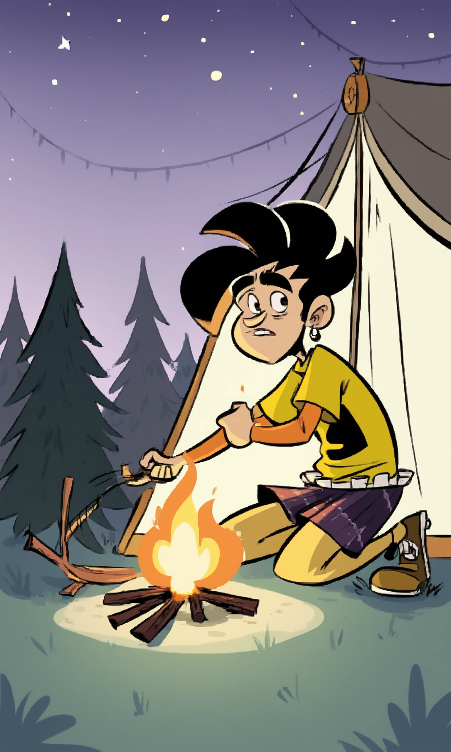 score_9, score_8_up, source_cartoon, 2D, webtoon, 
BREAK,
gabe, Lakeside camp, tent, campfire, canoe, pine trees, starry night, 1boy, solo,  , Running, looking straight ahead, arms pumping, black hair, Asymmetrical blouse, ruffled skirt, drop earrings, updo, stiletto sandals, full body, (pennyarcade:1.3),
 <lora:Pony_pennyarcade_5k_new_1280:1>