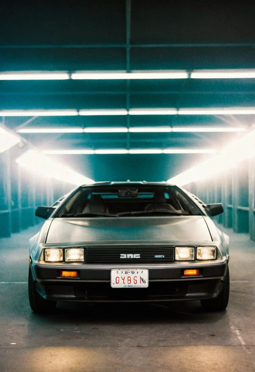 analog film photo (Sportscar gleaming silver DeLorean, front view, indoors), white neon lights, (stylish, film grain:1.3) . faded film, desaturated, 35mm photo, grainy, vignette, vintage, Kodachrome, Lomography, stained, highly detailed, found footage