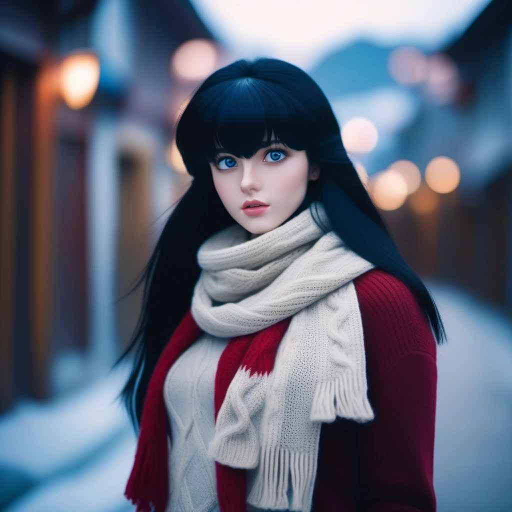 cinematic photo 1girl, long black hair, bangs, blue eyes, scarf, sweater <lora:KyokoOtonashi1024:0.8> . 35mm photograph, film, bokeh, professional, 4k, highly detailed