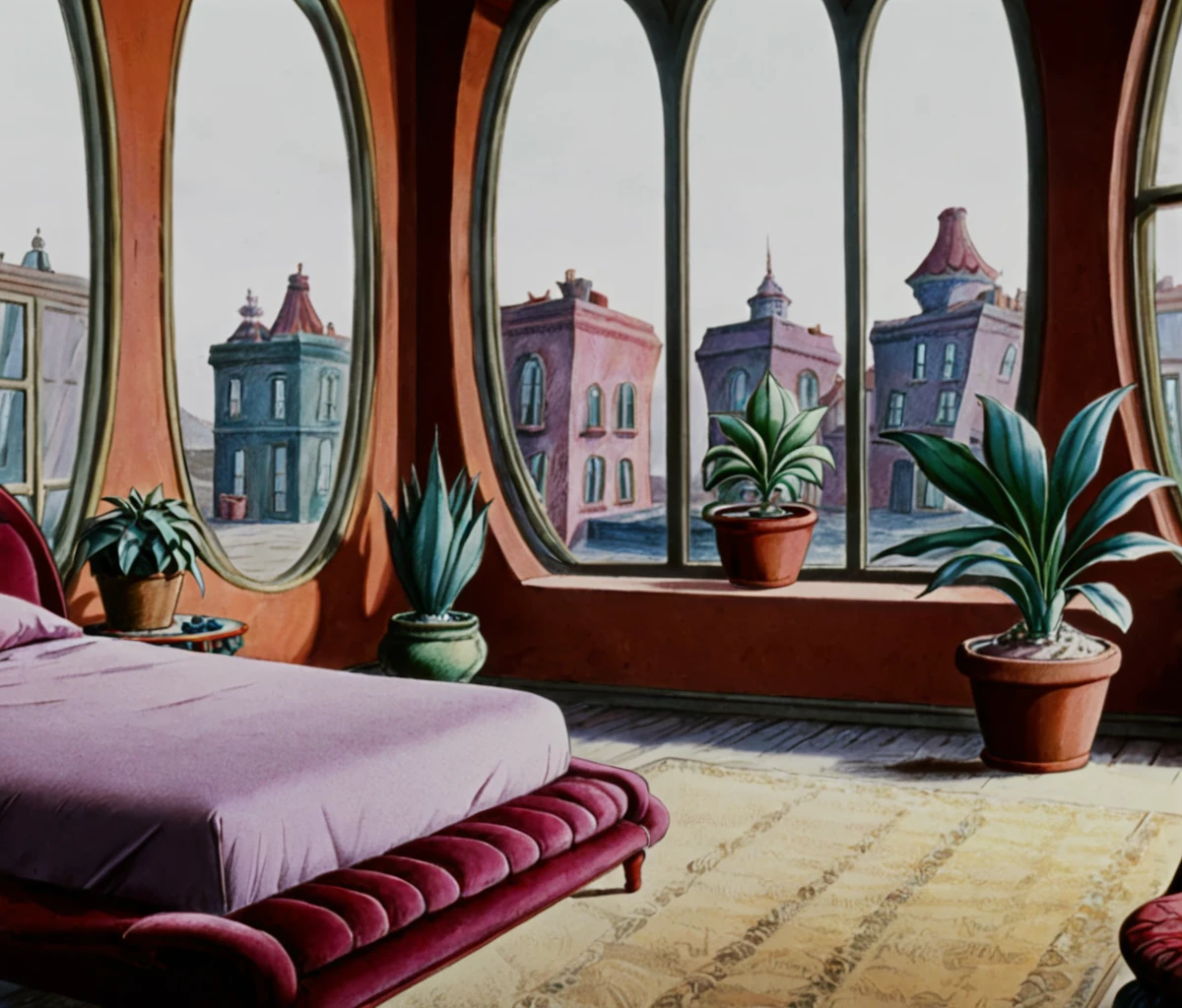 masterpiece,high resolution,8k,
fantasticplanet,no humans,bedroom,bed,furniture,chair,windows,pot,plant
 ,<lora:fantasticplanet-xl:0.8>,