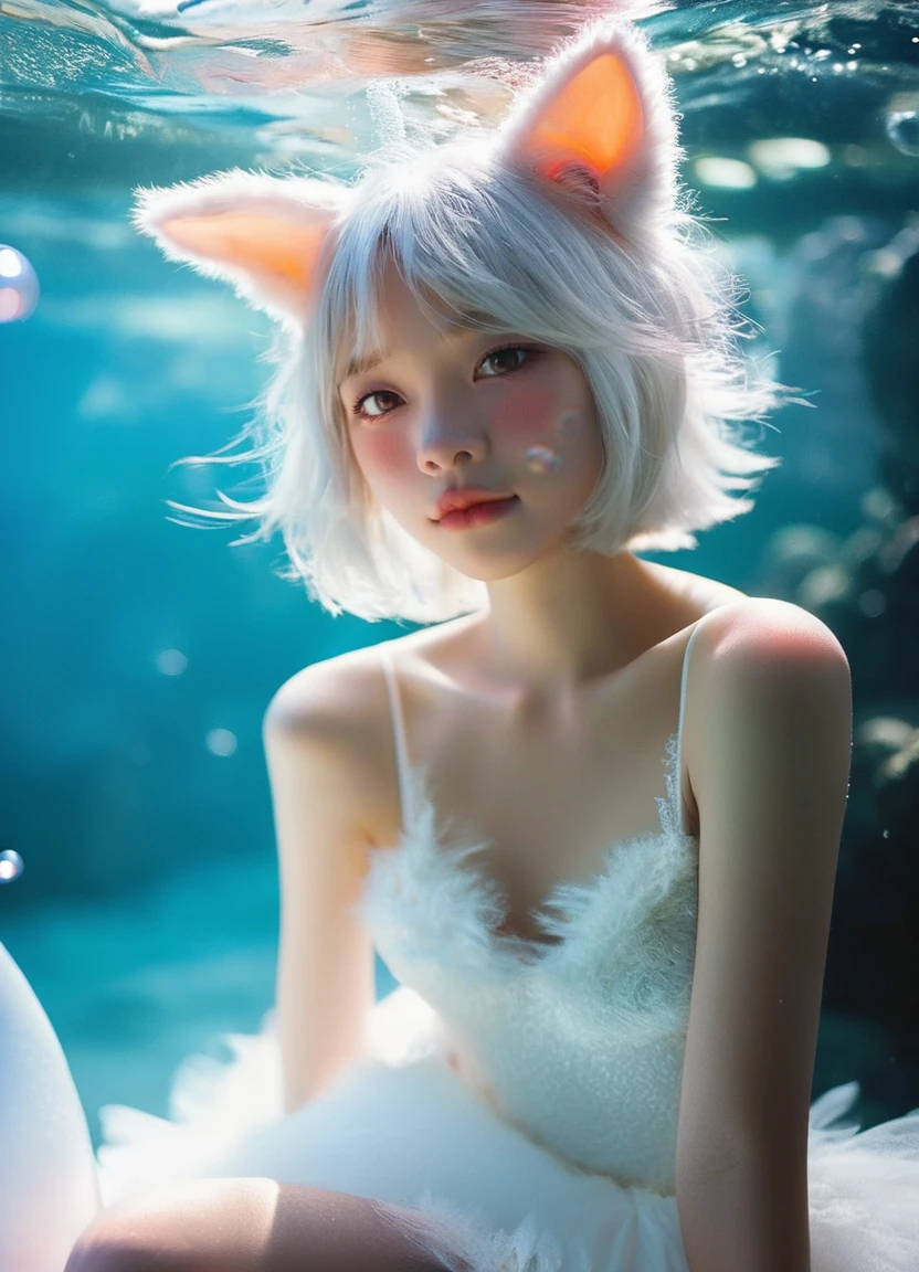 photorealistic, 1girl, solo, cute teenager, looking at viewer, blush, short hair, dress, animal ears, closed mouth, bare shoulders, brown eyes, tail, full body, white hair, sleeveless, barefoot, medium hair, cat ears, white dress, animal ear fluff, bare arms, sleeveless dress, bare legs, animal, fish, bubble, underwater, sundress, air bubble, detailed background, film photography aesthetic, film grain, analog photography, east asian, 