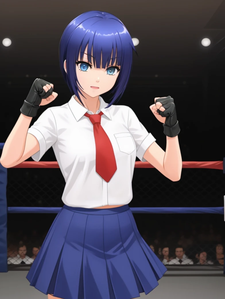 masterpiece, best quality,
<lora:nishinojoumion.sd15.v1:0.55> nishinojou mion, blue hair, 1girl, azure eyes
standing,
fingerless gloves,
white shirt, red necktie, blue skirt,
boxing, ring, fence,