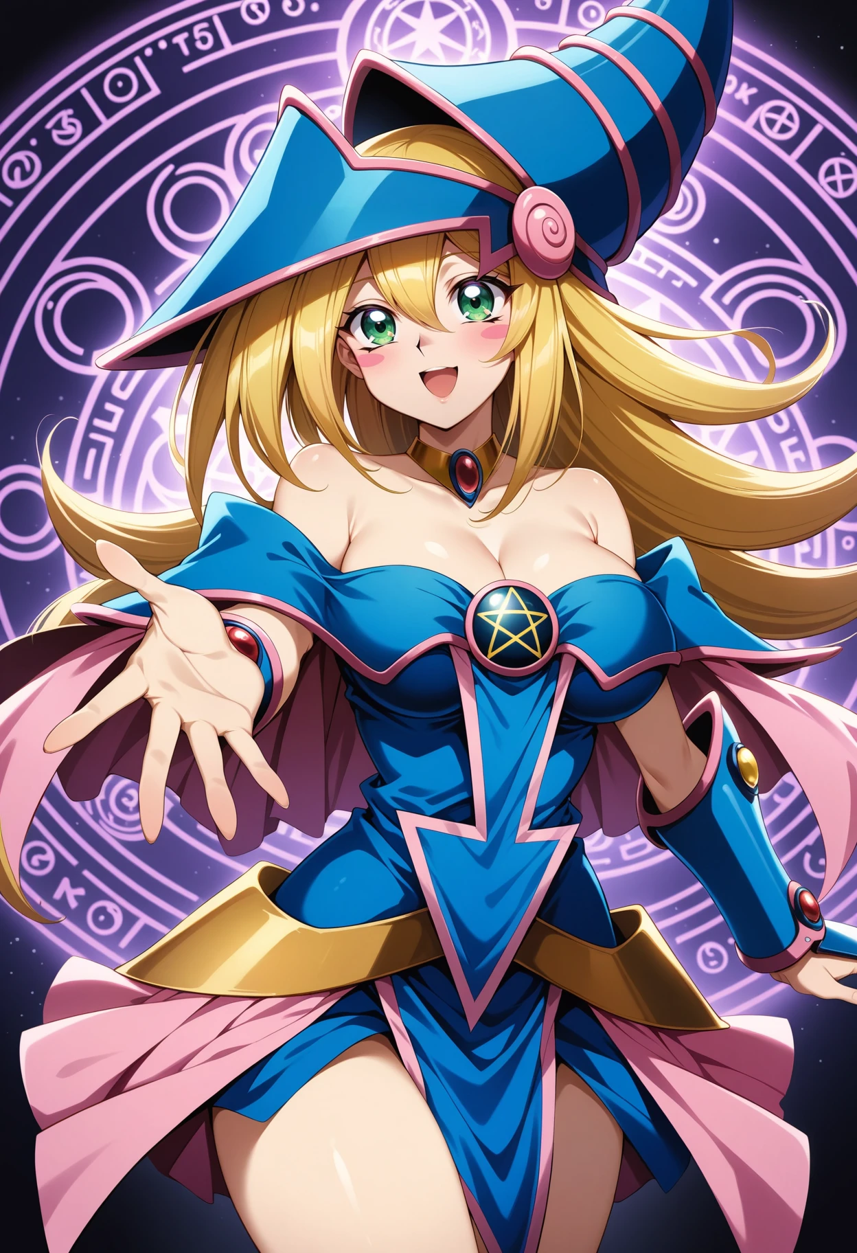 (masterpiece, best quality, very aesthetic, ultra detailed), intricate details, 4k, aadmg, long hair, blonde hair, hat, blue headwear, green eyes, blush stickers, breasts, choker, bare shoulders, cleavage, blue dress, pentacle, vambraces, pelvic curtain, pink skirt, <lora:dark_magician_girl_(animagine)_v1:0.9>, reaching, magic, magic circle, smile, open mouth,