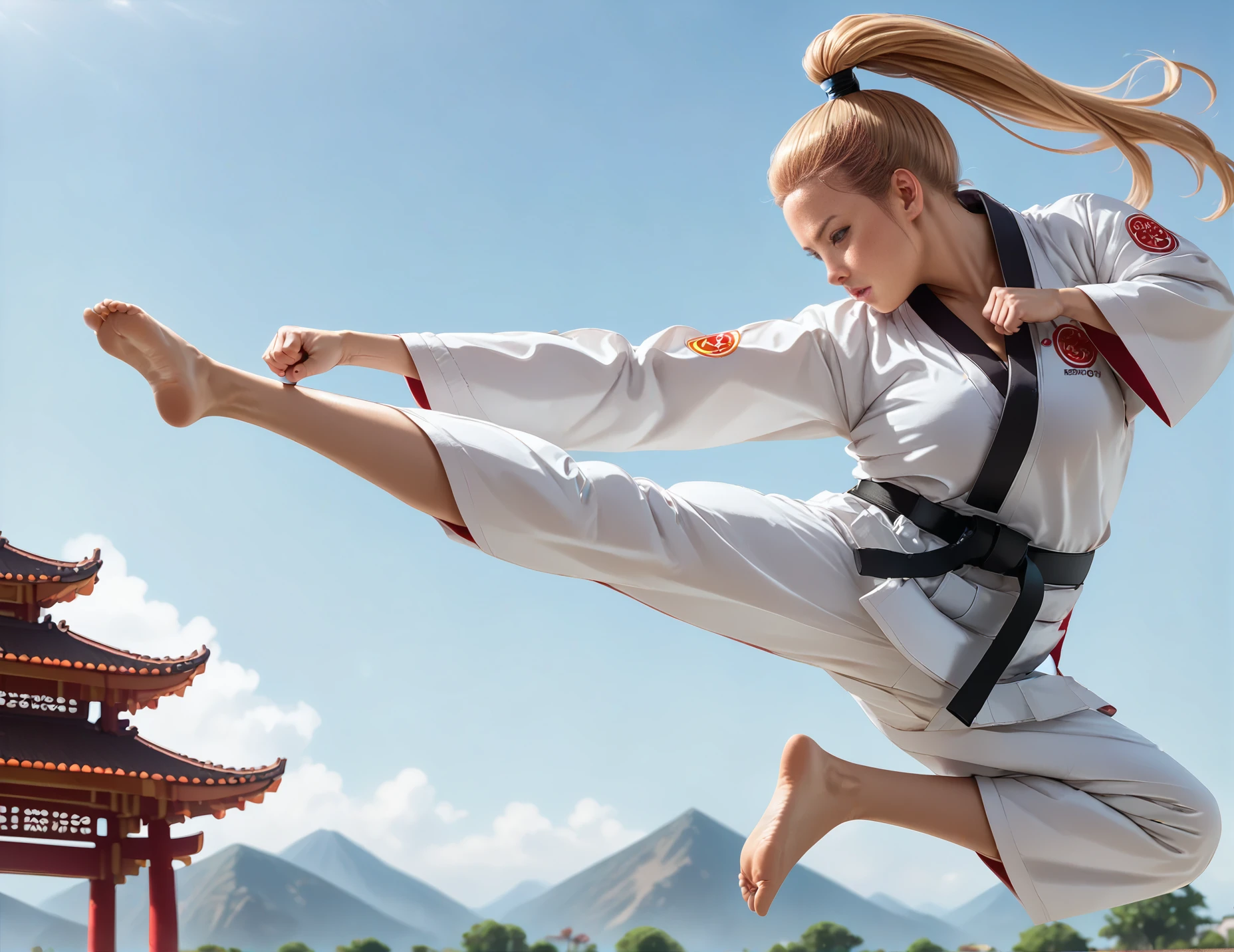 score_9, score_8_up, score_7_up, jusiki, side view, (slim 25yo female), doing a high jump sidekick, in front of pagoda. karate uniform and black belt,long blonde ponytail <lora:JumpedSideKickPony-000007:1>