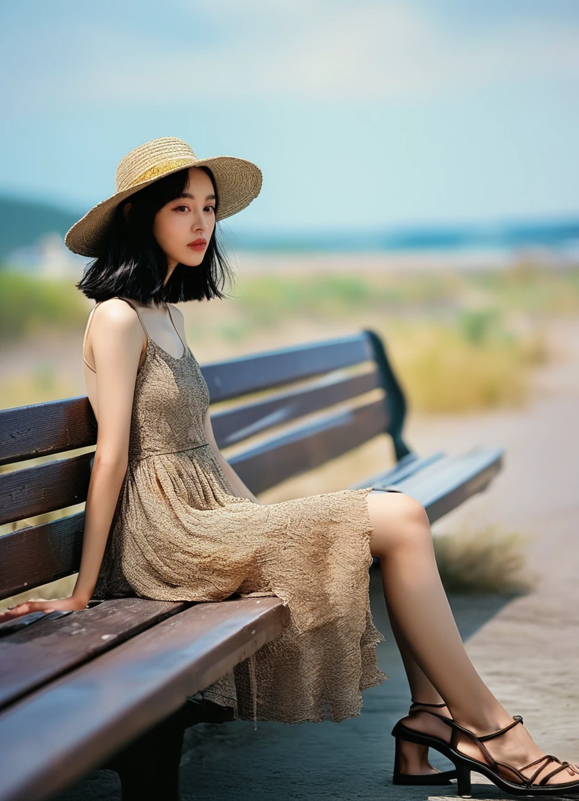 photorealistic, 1girl, short, quad tails, side_bang, black hair,  , black eyes, short skirt, Island Escape: Flowy maxi dress, straw hat, and espadrilles., Sitting on a bench in a train station looking out with a mix of excitement and anticipation., wasteland, detailed background, film photography aesthetic, film grain, analog photography, korean, 