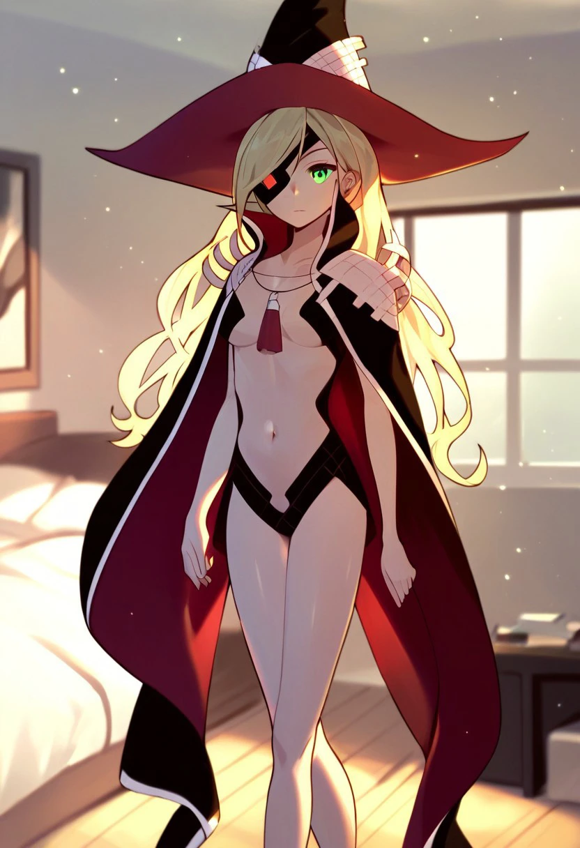 score_9, score_8_up, score_7_up,
othinus, 1girl, solo, long hair, blonde hair, eyepatch, green eyes, medium breasts, navel,
hat, witch hat, cape, black cape, 
Standing, Indoors, bedroom,