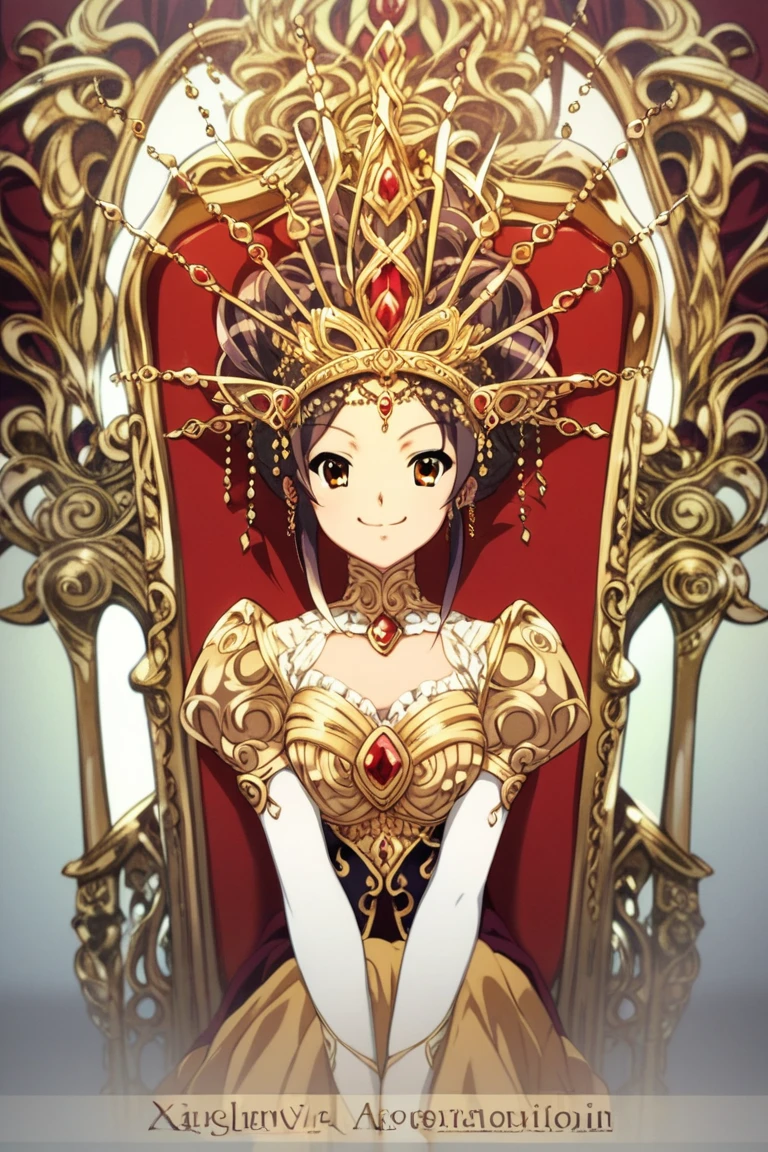 score_9, score_8_up, score_7_up, best quality, masterpiece, absurdes, ADDCOMM (1girl, solo, historical:1.1) a young queen sitting on a throne, surrounded by lavish, golden decorations and intricate tapestries, with a delicate, gemstone-encrusted crown on her head and a gentle, regal smile on her face








  ,ikeda_shouko_style