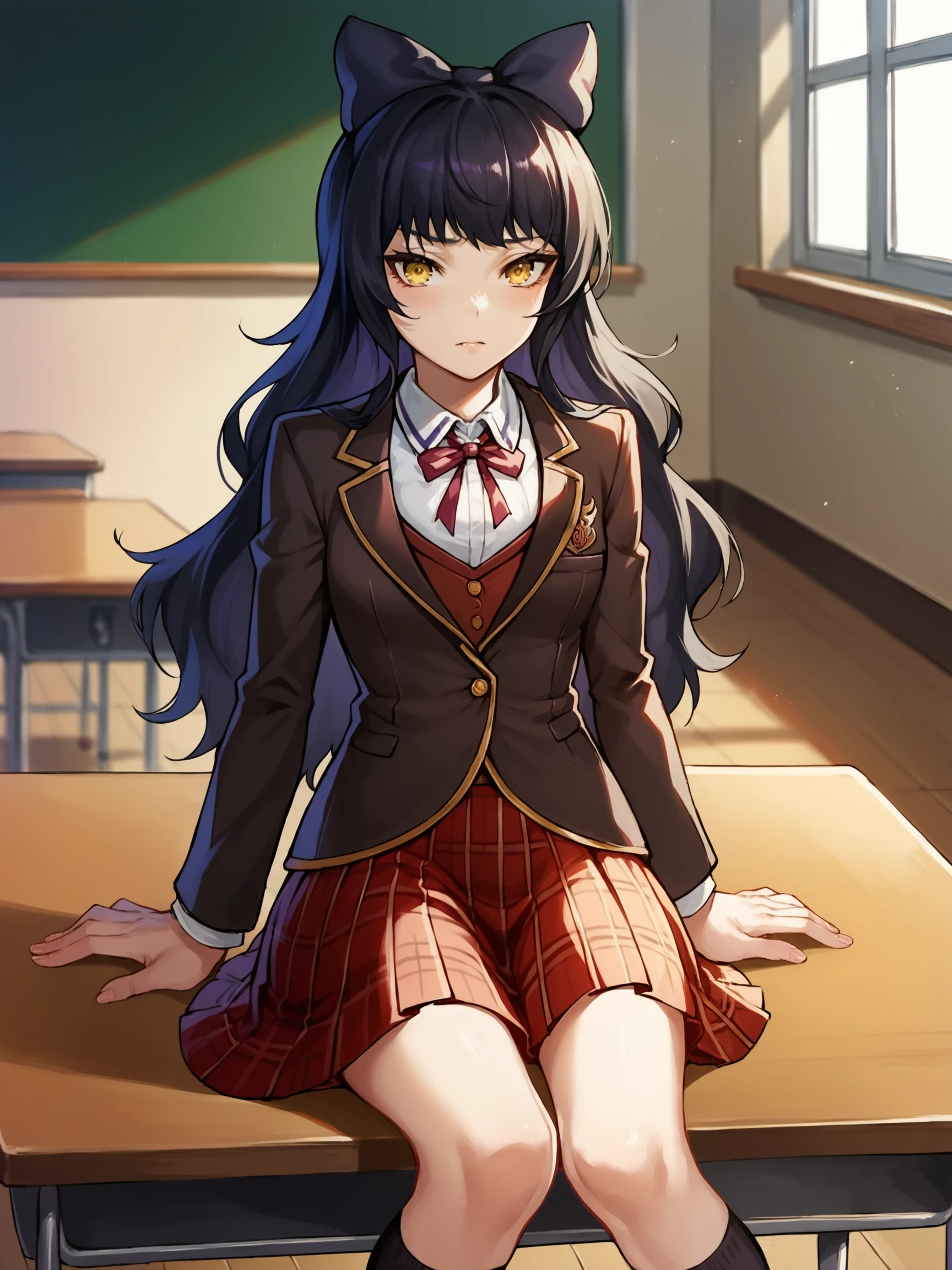 BlakeBelladonna, 1girl, black hair, yellow eyes,  ((Sitting with hands in the lap)), score_9, score_8_up, score_7_up, source_anime, masterpiece, ((detailed indoors background)), furniture, classroom, 

BlakeSchoolUniform, school uniform, black jacket, plaid skirt, socks, shoes, bow, hair bow