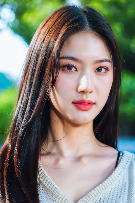 masterpiece, best quality, ultra-detailed, ultra high res, (photorealistic:1.4), raw photo, (realistic:0.2), 8k HDR, realistic lighting, 1girl, solo, asymmetrical hair, outdoors, bokeh, (detailed lips), (detailed pores), (detailed skin textures), (detailed face:1.2), (upper body:1.3), cardigans,