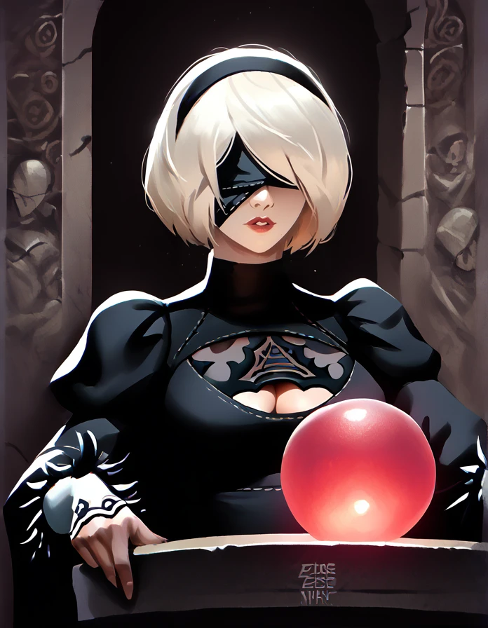 score_9, score_8_up, score_7_up,   detailed background,  realistic lighting, background: ancient ruins,
detailed eyes, mature female,fit and slim,1 girl, slightly parted lips, dynamic pose,
<lora:Pondering_My_Orb:1>, Pondering My Orb, table, sitting in chair, large breasts, cloak, robe, cleavage, Red Orb, 
<lora:Zeronis_Style:0.75>, zeronis,
 <lora:nier-2b-ponyxl-lora-nochekaiser:0.9>, 2b, black blindfold, black hairband, blindfold, hairband, short hair, white hair,