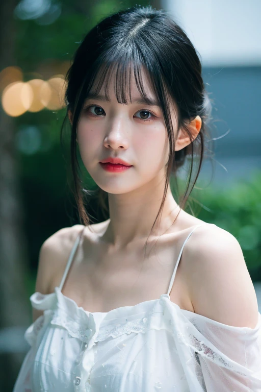 masterpiece, best quality, ultra-detailed, ultra high res, (photorealistic:1.4), raw photo, (realistic:0.2), 8k HDR, realistic lighting, 1girl, solo, asymmetrical hair, outdoor, bokeh, (detailed lips), (detailed pores), (detailed skin textures), (detailed face:1.2), (upper body:1.2) simple dress, sleeveless, off shoulder