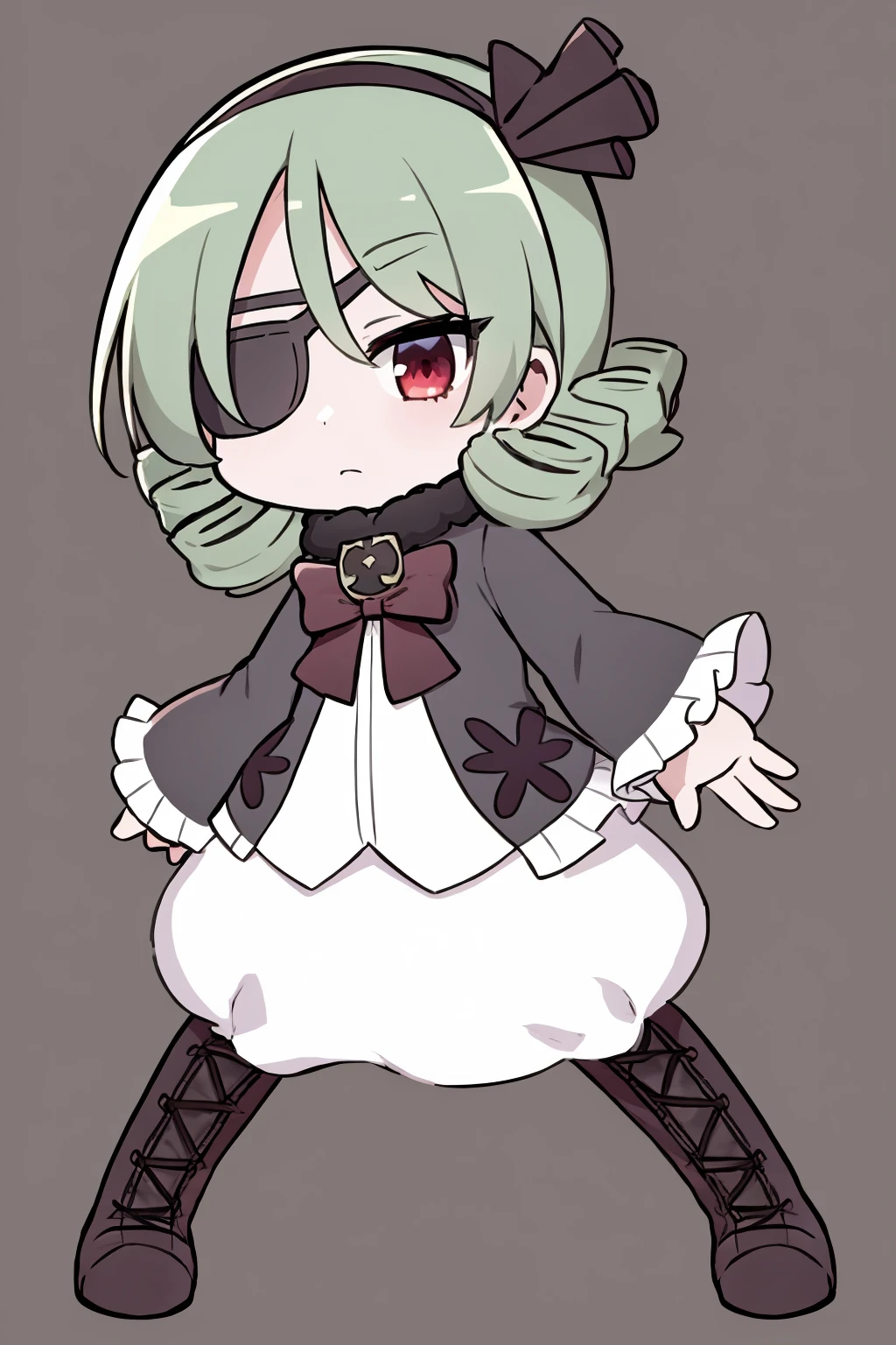 masterpiece, best quality,
1girl, krilalaris, chibi, green hair, bangs, black hairband, red eyes, eyepatch, 
black jacket, bow, cross-laced boots, long sleeves, white shirt,  frilled skirt, white skirt, frills,
full body, standing, solo, looking at viewer, simple background    <lora:Krilalaris:1>