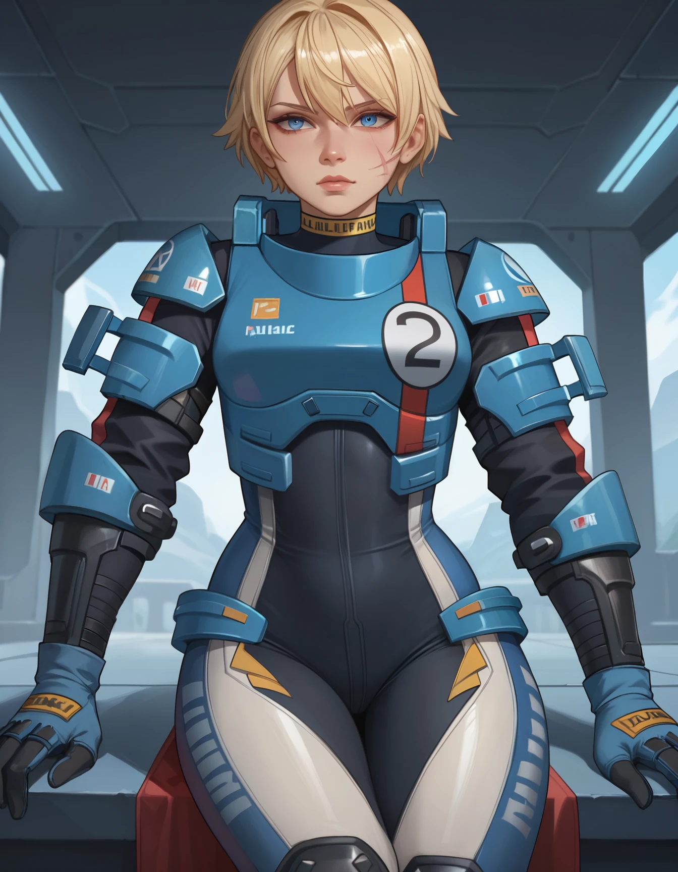 (embedding:Pony\Pony_PDXL_Negative_Embeddings\zPDXL2),1girl,watwirsped,black bodysuit,blue bodysuit,black gloves,blue gloves,two-tone gloves,looking at viewer,armor,helmet,black footwear,upper body,portrait,blonde hair,blue eyes,short hair,science fiction,scar,scar on face,blue cropped jacket,scar on cheek,knee pads,breastplate,medium breasts,crossed legs                                             <lora:MyTrainings\Temp\Wattson_Wired _for_Speed_XL_Pony-000008.safetensors:0.7>