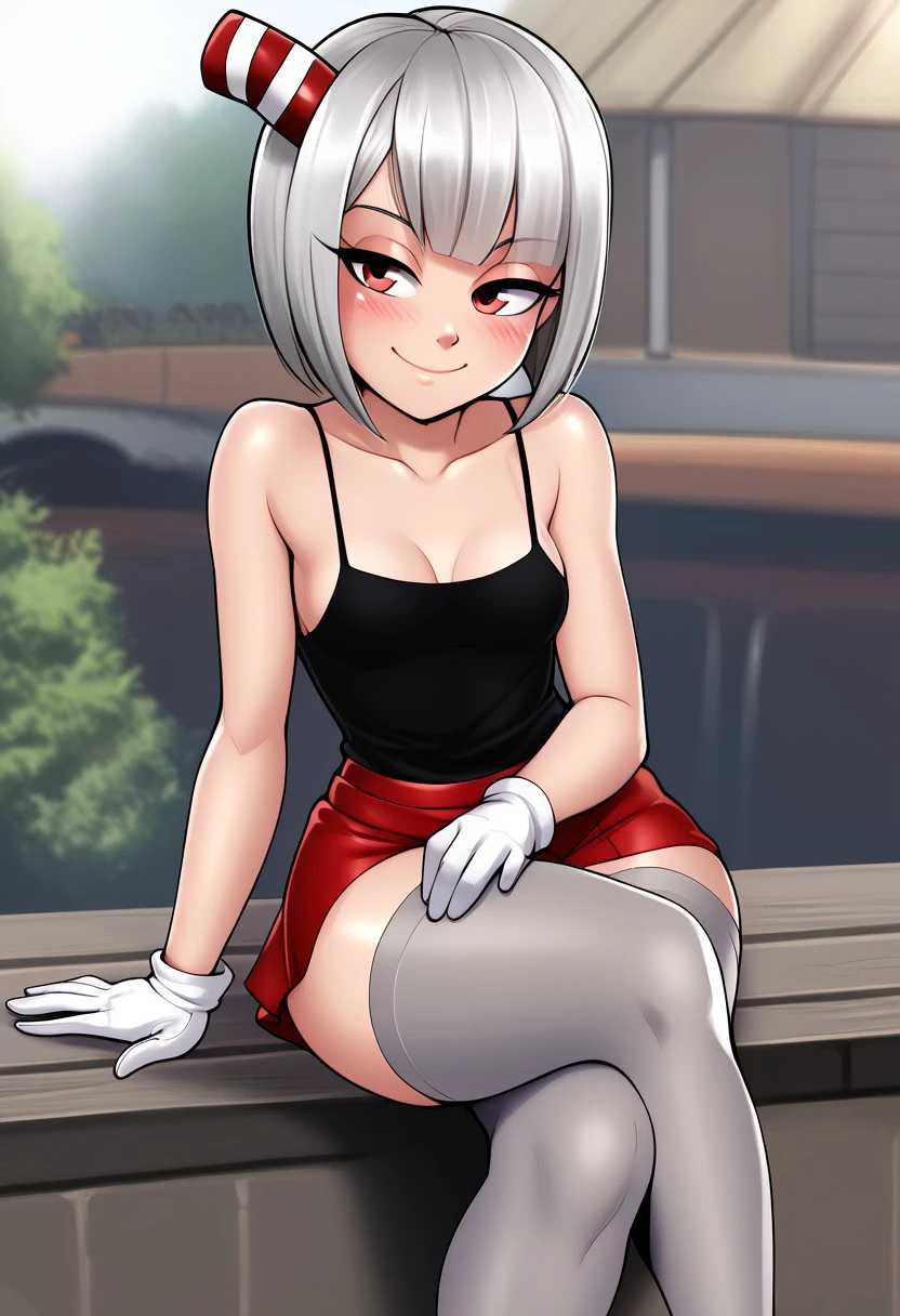 score_9, score_8_up, score_7_up, , shiny skin:0.1, source_anime, , deep skin,, high quality, highres, , 1girl, (curvy), thick thighs, cute, small breasts, (((human))) (Cuphead), solo, black eyes, black shirt, camisole, sleeveless, sideboob, white gloves, red Skirt, grey hair, grey stockings, short skirt, tomboy, blunt bangs, bob cut, (blush), smile, outside, realistic, striped ornament, seductive