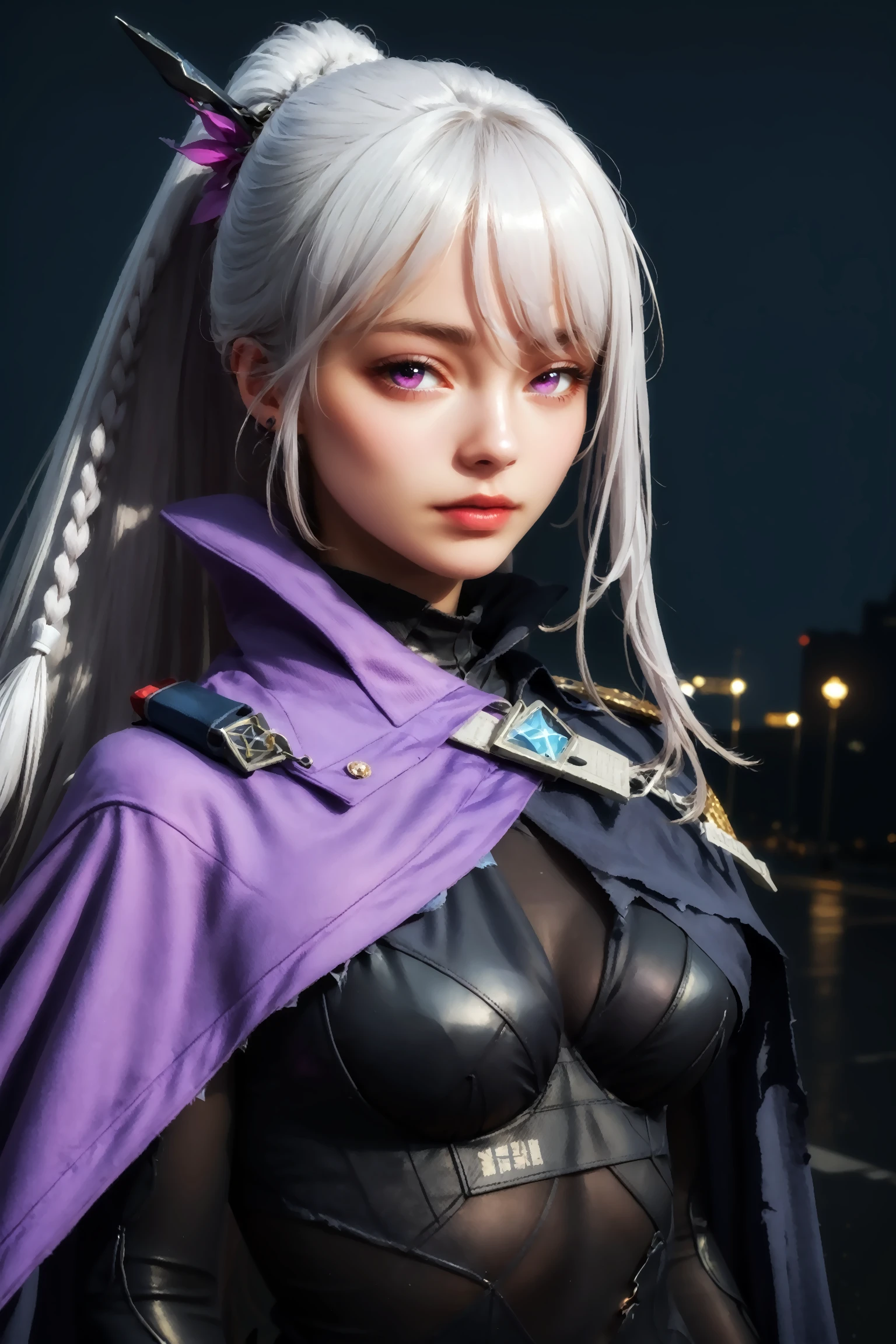 score_9, score_8_up, score_7_up, BREAK, imtdnemes, 1girl, portrait, upper body, long hair, purple eyes, ponytail, grey hair, braid, bangs, bodysuit, torn cape, hair ornament, indoor, night, dark, dark atmosphere, rating_safe
