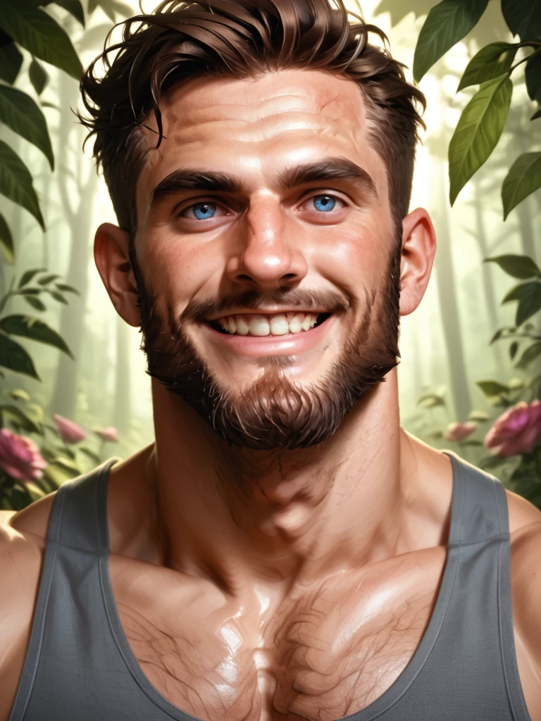 score_9, score_8_up, score_7_up, score_6_up, score_5_up, score_4_up, close up face,, Atlas, man in jeans and tank top surrounded by flowers, smiling, magic the gathering artstyle, in the style of clint cearley, dark forest. strong, colorful light, beautiful random images, elemental guardian of life, guard, metal armor , dark-blue eyes, handsome face,,<lora:TrSerkan-Atlas-Pony-v2:0.6>