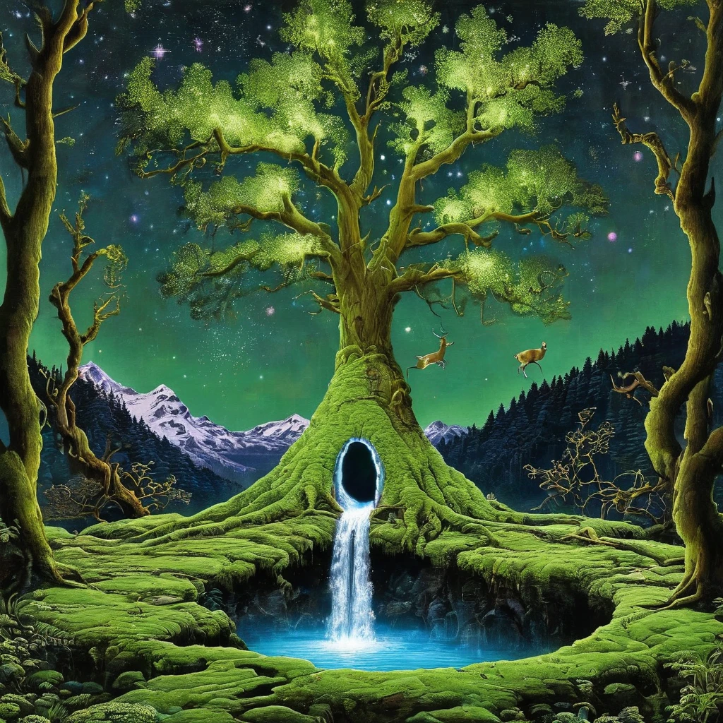 night sky, occult, arboreal robes, people, portal to heaven, glowing air stream tree channel, <lora:AborealNewNew:1>, (((HuemanAboreal2, Green Nature Night Photography Art))), green moss cave, fire, deer, eye of providence, landscape, abstract nature art, blue river, white snowcap mountains, art by gregory euclide, milky way, stars in the night sky, magic circles