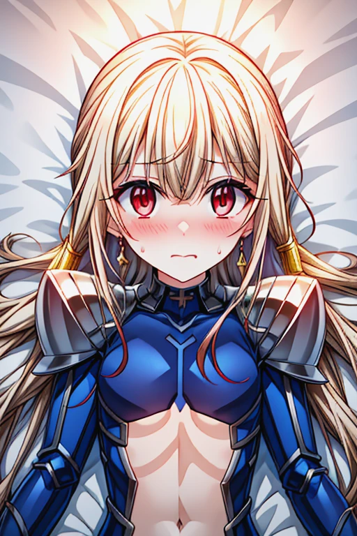 masterpiece_portrait, high quality, canvas, anime_art_style, cartoon, fate kaleid liner prisma illya, illyasviel von einzbern, illya lancer, 1girl, blush, long hair, solo, navel, lying, red eyes, bodysuit, cosplay, looking at viewer, on back, embarrassed, wavy mouth, blue bodysuit, sweat, shoulder armor,ponytail, armor, pauldrons, bangs, bed sheet, on bed, hair between eyes<lora:Illyasviel_von_Einzbern_lancer_style:1> <lora:hyperdetailer_v095:0.8> <lora:animemix_v3_offset:0.5>