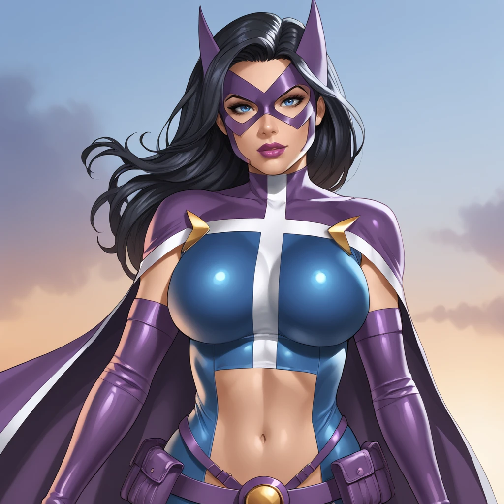 <lora:huntress_pony_v1:.7> huntressdccomics, 1girl, solo, black hair, superhero, large breasts, mask, utility belt, cape, long hair, elbow gloves, navel, midriff, blue eyes, purple gloves, lips, lipstick, makeup, belt pouch, crop top, leotard, giant breasts