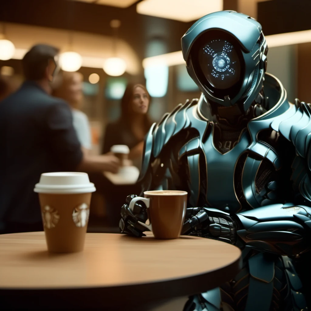 cinematic photo robot, armor, helmet, serves coffee in starbuck,  <lora:LIS-V3:0.8> . 35mm photograph, film, bokeh, professional, 4k, highly detailed