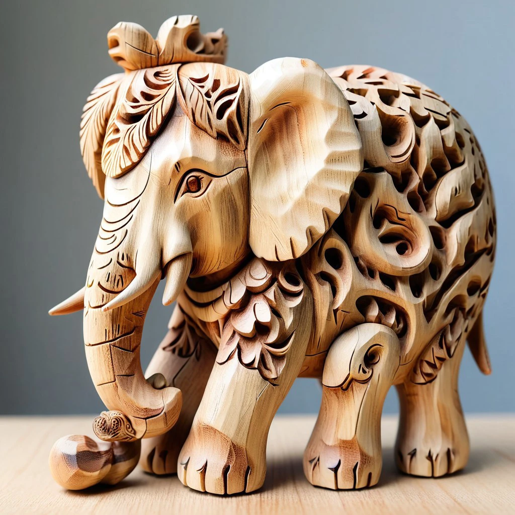 made of wood, detailed cute elephant,