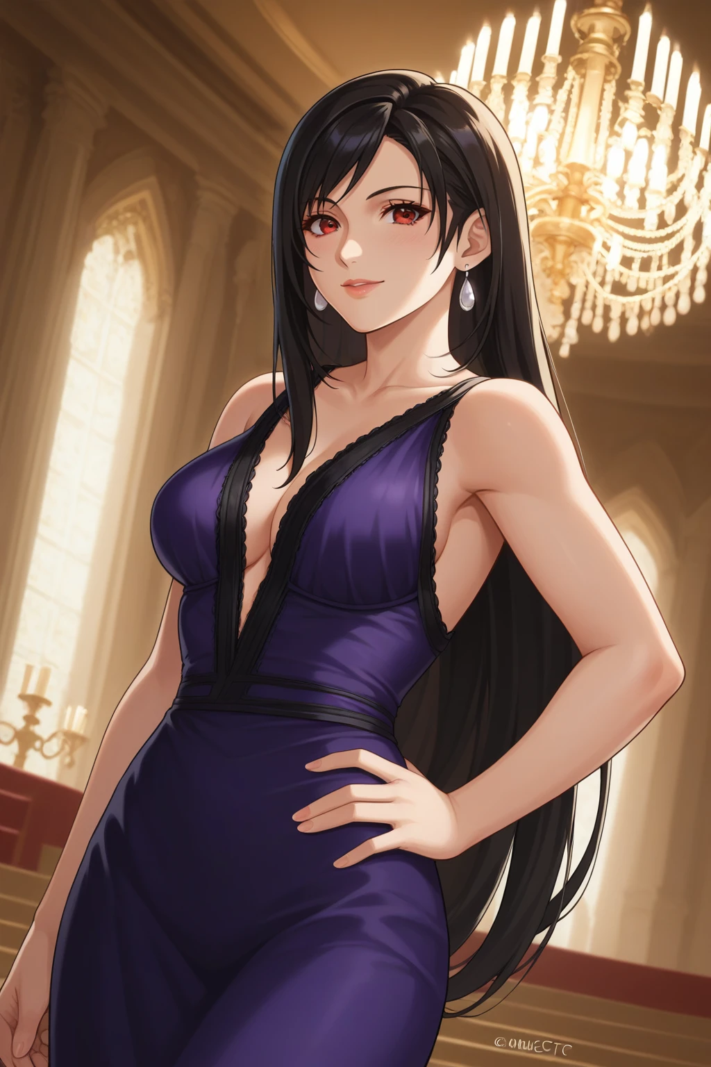 score_9, score_8_up, score_7_up, source_anime, 1girl, prefect lighting, very aesthetic, intricate details, highly detailed background, masterpiece, high quality, prefect hands, best quality, solo,
<lora:Tifa_FF_V1:.85>, KJOtifa, black hair, long hair, red eyes, 
purple dress, 
cowboy shot, dutch angle, seductive smile, looking at viewer, hand on own hip, 
ballroom, chandelier, 
(Beautiful, medium Breasts:1.2), natural breasts,