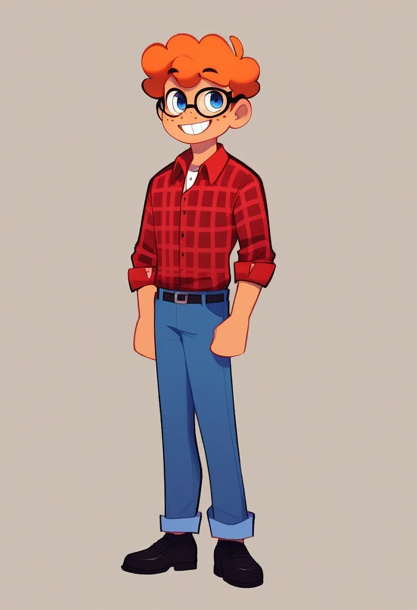 jonathan, solo, smile, orange hair, shirt, 1boy, standing, full body, male focus, buck teeth, collared shirt, pants, grin, red shirt, blue pants, big red plaid shirt six red freckles, black glasses with circular lenses, blue eyes, orange flat top, black shoes, semi dark skin, long sleeves