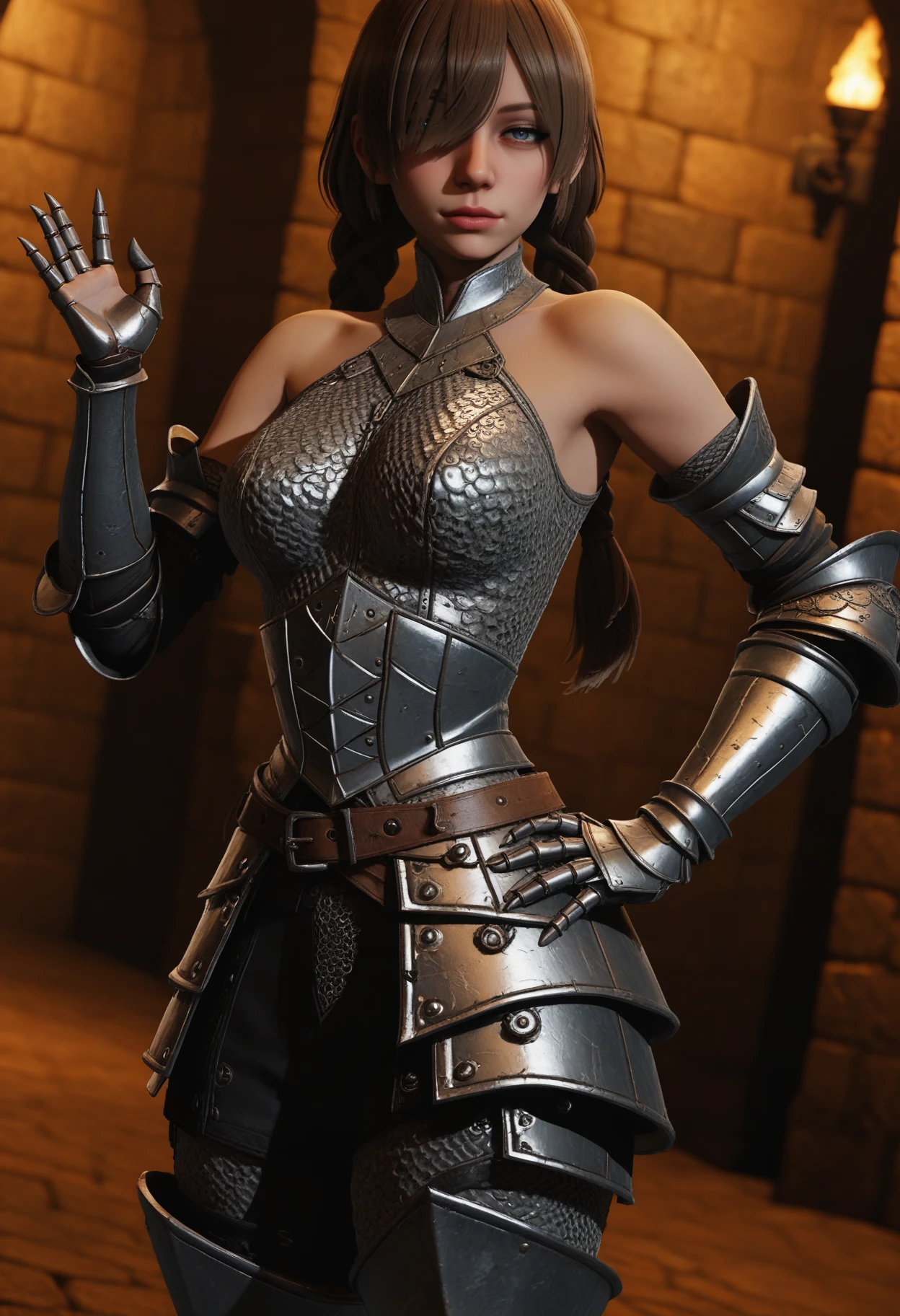 score_9, score_8_up, score_7_up, score_6_up, score_5_up, score_4_up score_9, score_8_up, score_7_up,
1girl, solo, chainmail:belt, gorget:bare shoulders, gauntlets, greaves. twin braids:hair over one eye. dungeon, darkness, depth of field, contrapposto, hand on own hip, hand up, head tilt, half-closed eyes, talking, wide shot, from side, dutch angle,
<lora:Dark_Dalia_Pony_v1.0:0.75> d4rkd4l14,