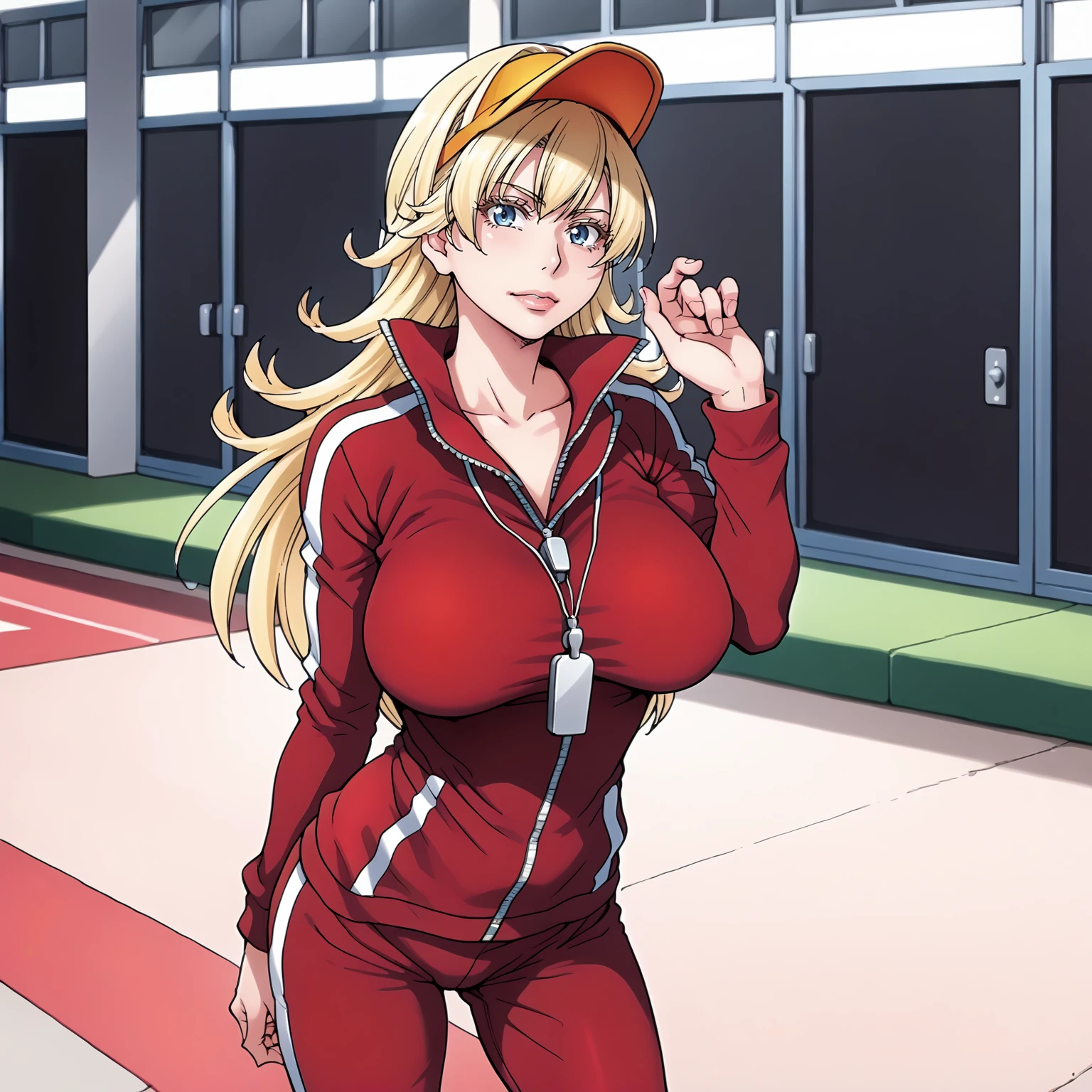 <lora:NBnSd_SuomiSenseiXLpony001>,
solo,
SuomiSensei,1girl,blonde hair,long hair,blue eyes,
large breasts,
visor cap,
whistle around neck
track suit,red jacket,
red pants,