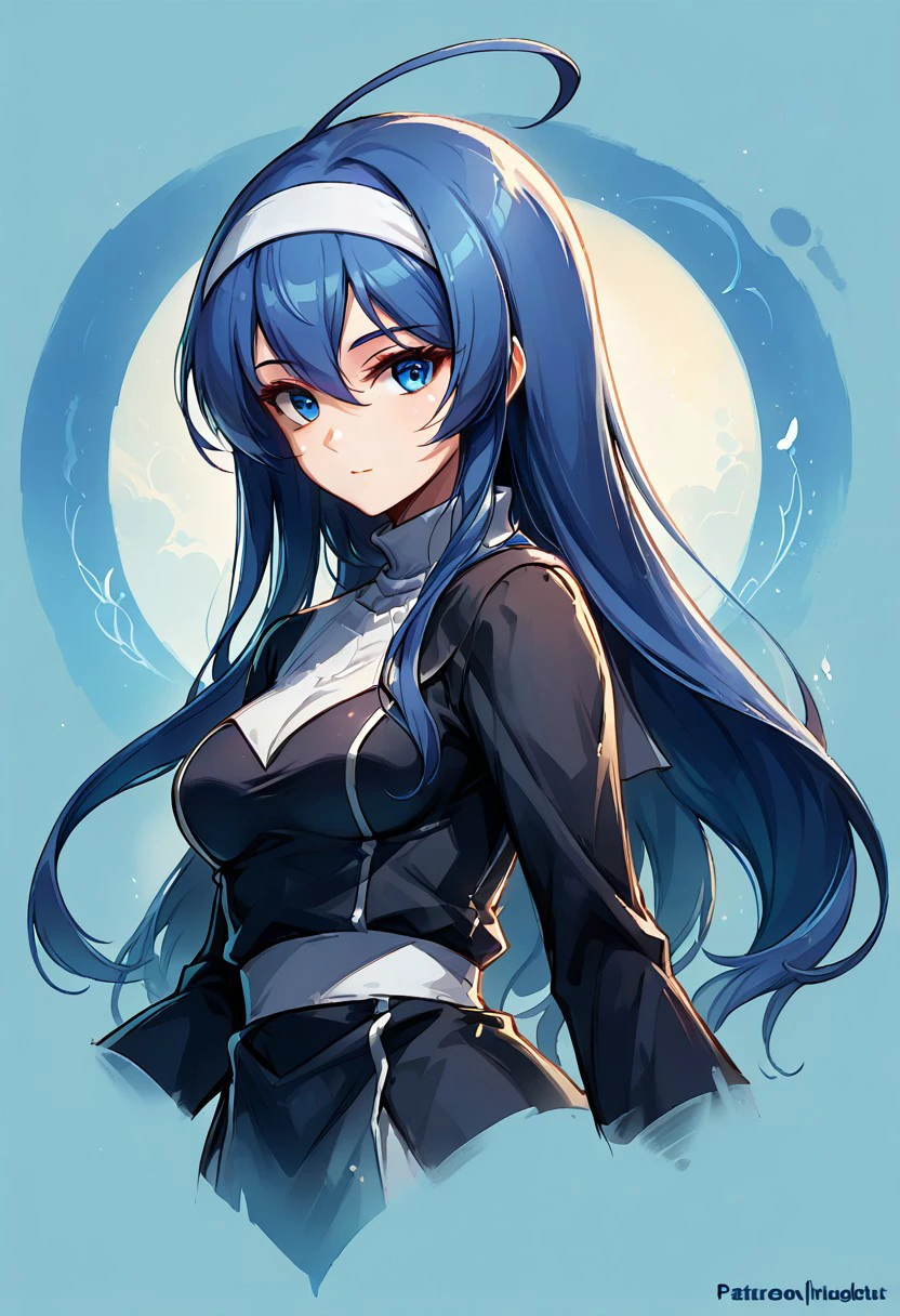 Faded Headshot, faded bottom, faded edges ,score_9,score_8_up,score_7_up,score_6_up,score_5_up,
1girl, Orie Ballardiae, (/Under Night In-Birth)/, (ultra HD quality details),  blue hair, straight hair, long hair, ahoge, huge ahoge, (blue eyes), hairband,
black dress, turtle neck, long sleeves, layered skirt,
, digital illustration, disney, rule 63, full body, perfect anatomy, perfect face, butt showing esthetically, abstract beauty, beautiful, centered, looking at the camera, approaching perfection, dynamic, moonlight, highly detailed, watercolor painting, artstation, concept art, smooth, sharp focus, illustration, 
(upper body:1.2), (close up:1.5), portrait, medium breasts, close up, upper body,