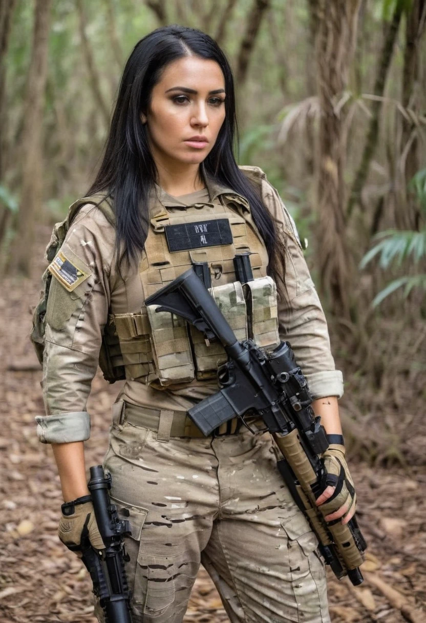 A photograph taken on an iPhone. The photo is of an attractive 23-year-old US Army soldier with black hair. She is wearing a crye combat shirt and an OCP plate carrier. The shot is of her standing and holding a marksman rifle at chest level. She is standing in jungle. The vibe is somber, eerie <lora:Tactical_Mk_3:0.5>