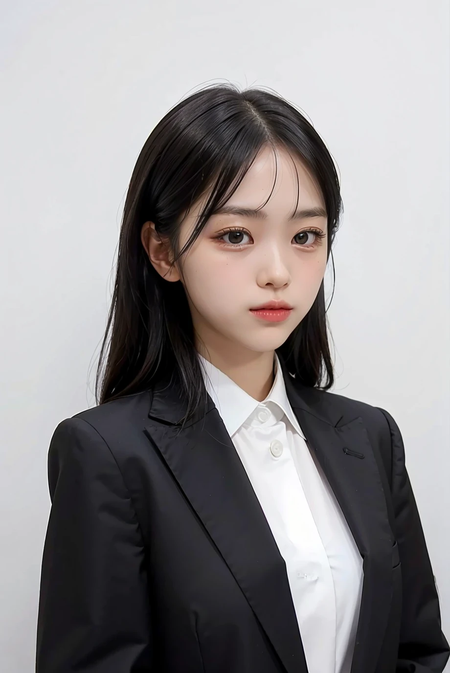 1girl, black  random formal attire, white background,    <lora:Itzy_ryujin-04:1>