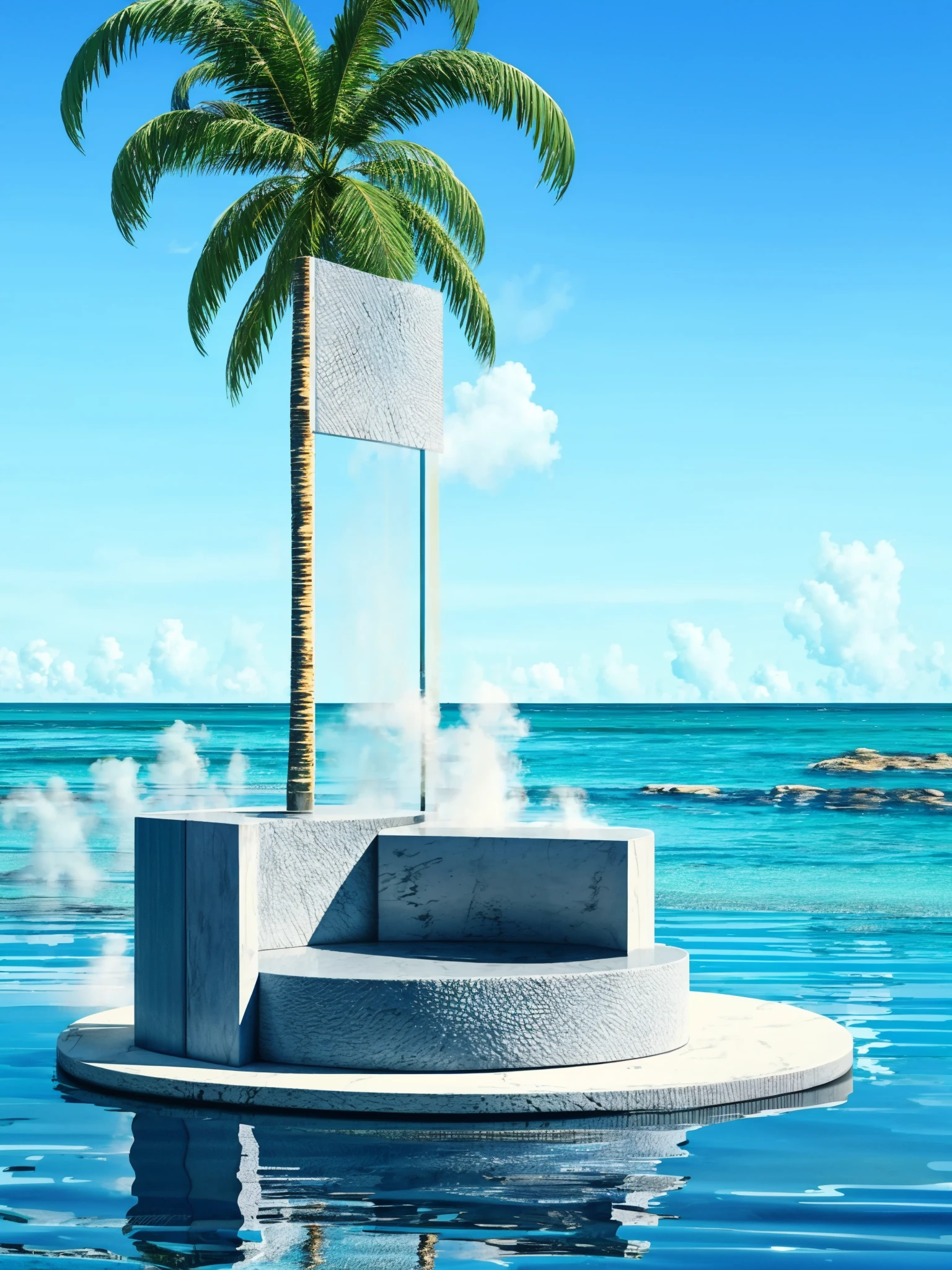 texture, HEZI, electronic mall scene, detail, rendering, no humans, tree, scenery, palm tree, sky, cloud, outdoors, blue sky, day, water, chair, ocean, reflection, plant, horizon, steam<lora:çµååºæ¯-000014:0.7>,